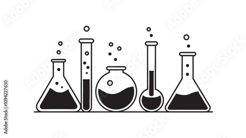 set of laboratory filled with liquid. chemistry flasks