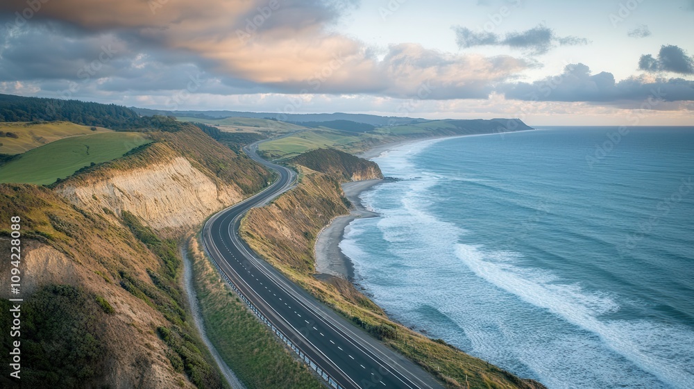 Highway stretching through a coastal cliffside, where the road meets the sea, capturing the beauty of a seaside drive, Coastal Highway, Ocean Exploration Highway stretching through a coastal cliffside, where the road meets the sea, capturing the beauty of a seaside drive, Coastal Highway, Ocean Exploration