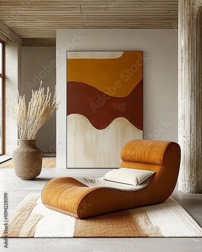 Curved Leather Armchair in Modern Minimalist Living Room Design with Abstract Art and Dried Wheat