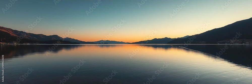 Fototapeta premium Vistas of crystal clear lake at dawn, water reflection, soft focus effect, dawn light
