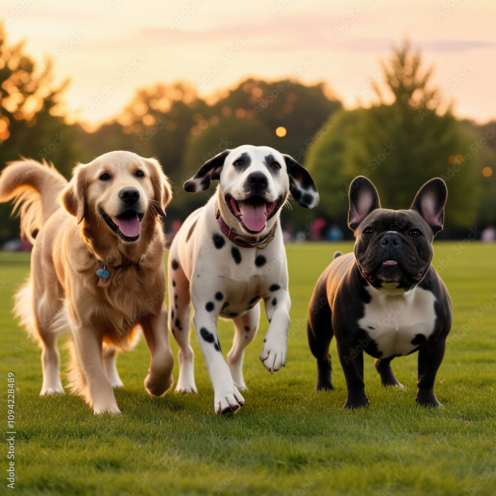 Golden Retriever, Dalmatian, and Bulldog in a Sunset Chase Golden Retriever, Dalmatian, and Bulldog in a Sunset Chase