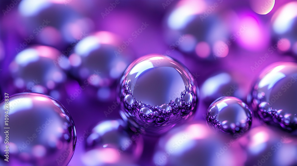 Silver and violet metal balls form an abstract background. A 3D rendering of shiny spheres. Silver and violet metal balls form an abstract background. A 3D rendering of shiny spheres.