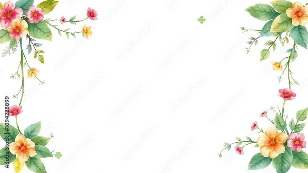 Fototapeta premium Watercolor leafy vines and flowers frame border on white background, botanical art, autumn vines, watercolor illustrations