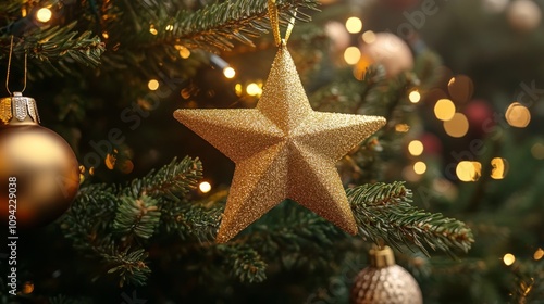 Golden star ornament hanging on a Christmas tree branch, surrounded by warm glowing bokeh lights