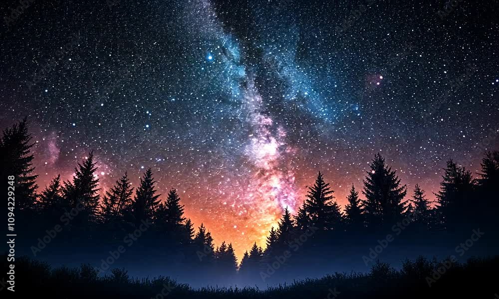 A vibrant night sky over a forest with stars and a colorful galaxy. A vibrant night sky over a forest with stars and a colorful galaxy.