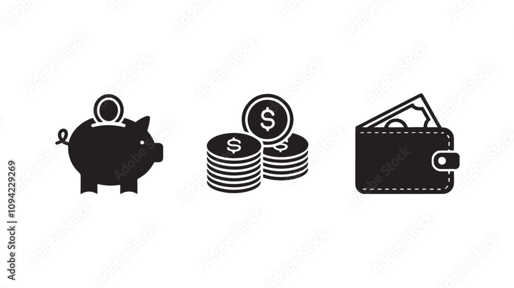 Set of money savings icon collection. Money, Wallet, piggy bank, coin, money bag Set of money savings icon collection. Money, Wallet, piggy bank, coin, money bag