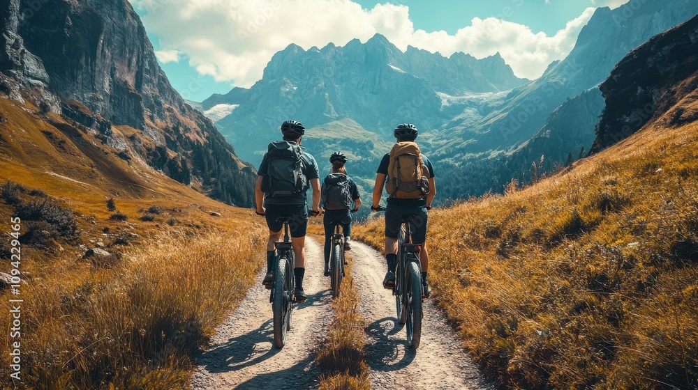 Mountain bikers ride scenic trail. Perfect for travel, adventure, and active lifestyle websites and blogs. Mountain bikers ride scenic trail. Perfect for travel, adventure, and active lifestyle websites and blogs.