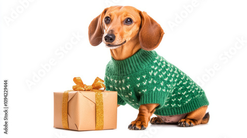 Festive dachshund in green sweater beside wrapped gift, exuding joy. This adorable dog is ready for holiday season, bringing warmth and cheer photo