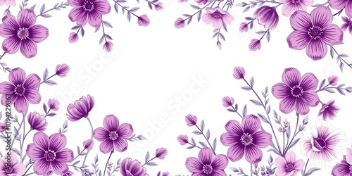 Whimsical and romantic violet floral pattern featuring hand-drawn or watercolor-style flowers and foliage in a whimsical design, hand drawn, delicate illustrations, soft pastels