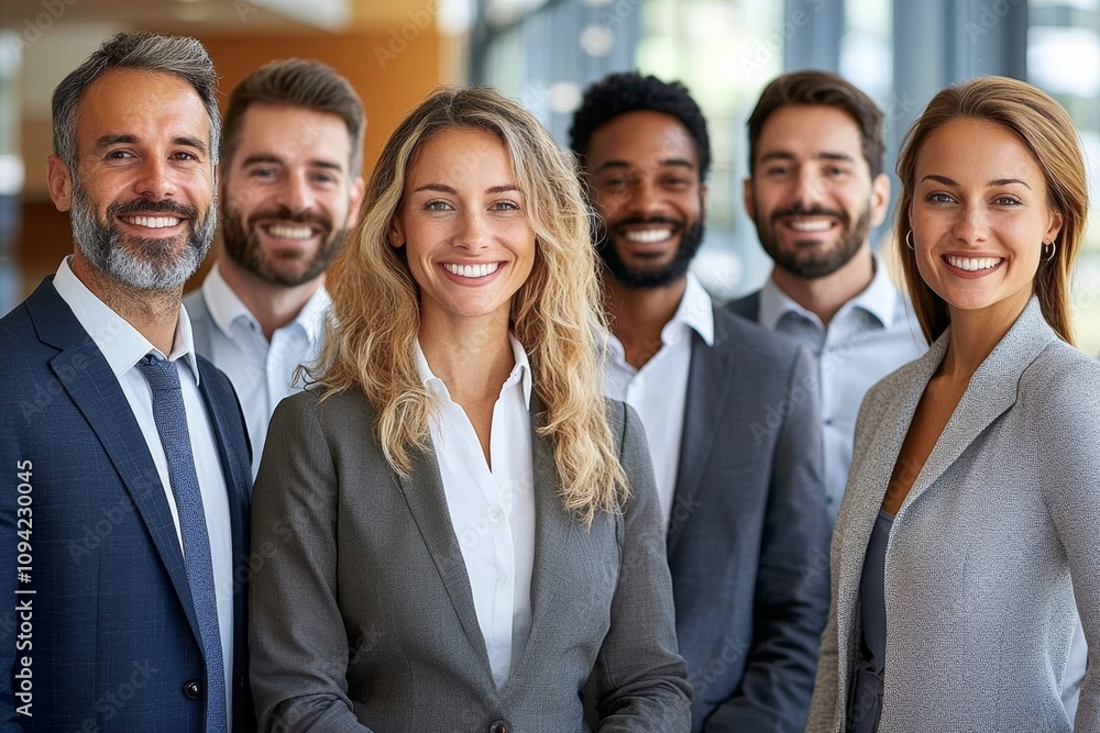 Diverse Professional Business Team Smiling Together in Modern Office Setting Diverse Professional Business Team Smiling Together in Modern Office Setting