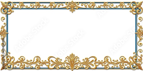 White background with blue border and intricate gold filigree details, blue border, vintage style