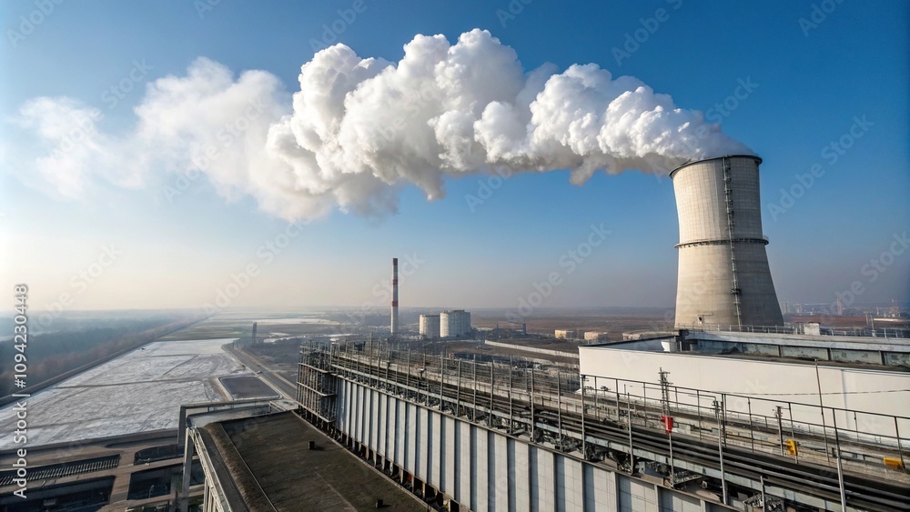 Obraz premium White smoke billows from the top of a pipe in a thermal power plant, industrial, factory, steam
