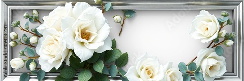 White roses and eucalyptus in a elegant silver frame, classic elegance, silver frame, elegant design