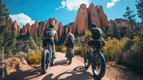 Three women bike through scenic canyon. Perfect for travel, adventure, and healthy lifestyle websites. photo