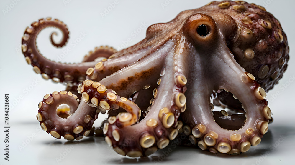 Octopus displayed on a clean Freshly Cleaned Octopus Displaying Vibrant Texture and Colors on White Background, Octopus displayed on a clean Freshly Cleaned Octopus Displaying Vibrant Texture and Colors on White Background,
