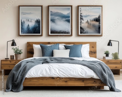 Minimalist bedroom with wooden bed gray blanket blue pillows wooden nightstands and nature photographs on the wall photo