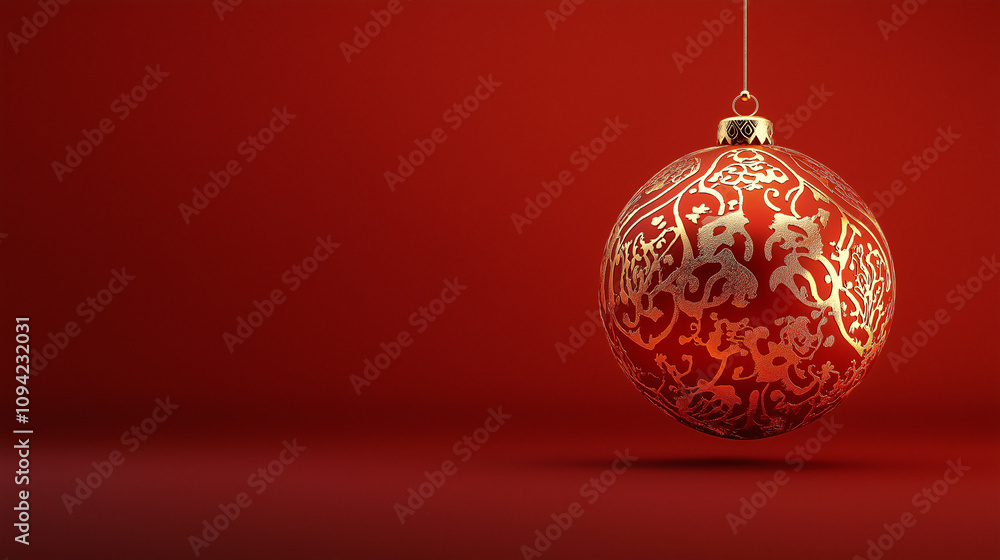 A red and gold ornament hangs from a string A red and gold ornament hangs from a string