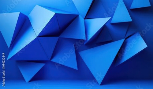 Abstract blue geometric shapes, 3D rendering of fragmented triangular forms creating a dynamic composition. photo