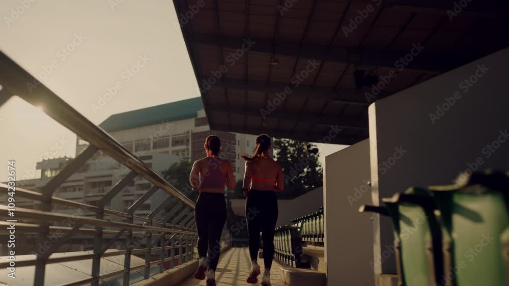 Two women running on a track with a green roof. Scene is energetic and active Two women running on a track with a green roof. Scene is energetic and active