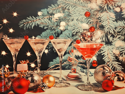 Vintage 1950s Christmas Party Scene with Clinking Glasses Celebration