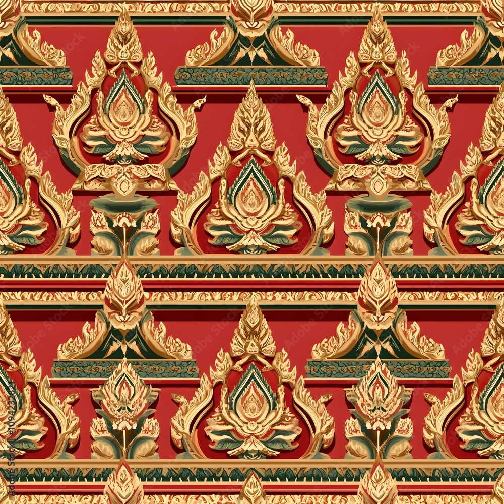 Fototapeta premium Classic Thai Temple Details in Vibrant Reds and Golds with Architectural Symmetry, Seamless Pattern