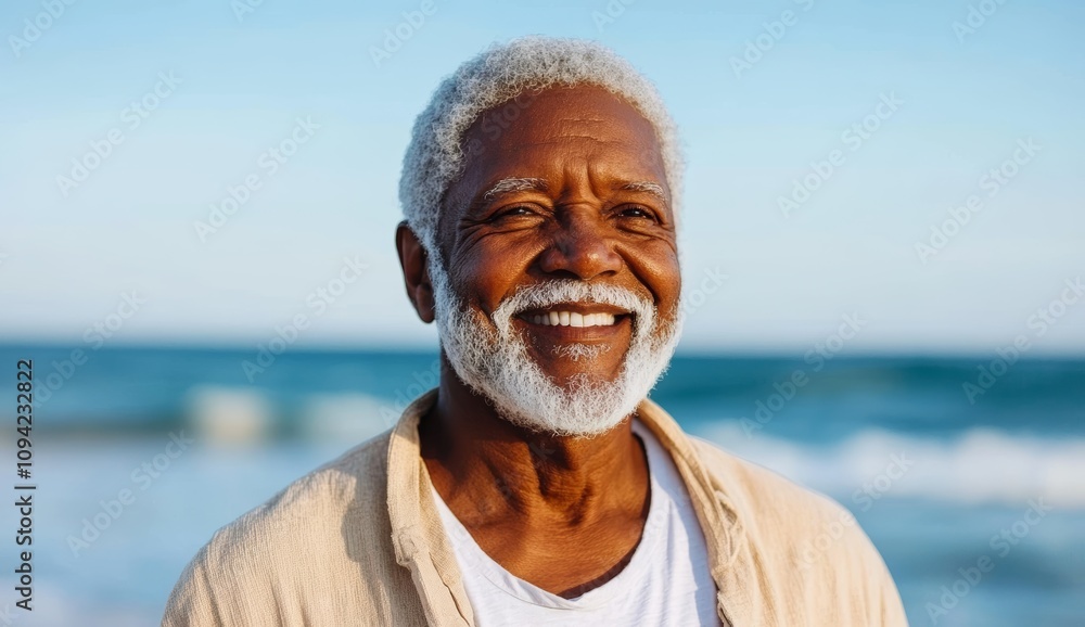 Elderly man smiling joyfully by the ocean enjoying a sunny day on the beach Elderly man smiling joyfully by the ocean enjoying a sunny day on the beach