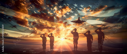 Silhouettes of soldiers and the USA flag at sunset, with US Navy jets soaring through the sky in retro print poster style, capturing patriotism and protection for Independence Day celebrations12
