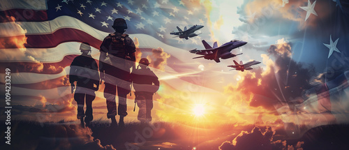 Soldiers with the American flag silhouetted by a dramatic sunset