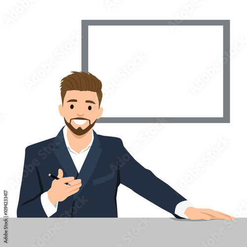 Young man presenter sitting at desk for television news presentation, work of anchorman. Journalism. Flat vector illustration isolated on white background