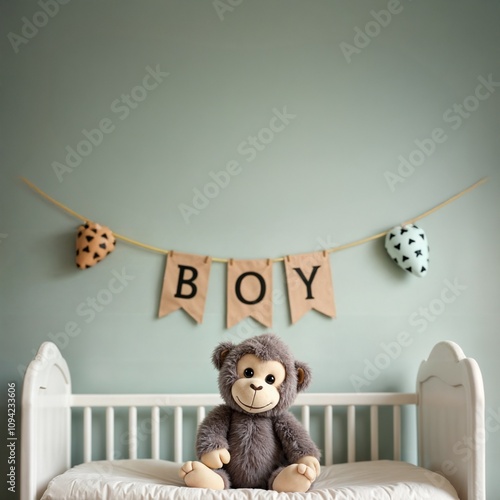 Soft Monkey Plush on Cozy Bed in Colorful Children's Bedroom. Perfect for celebration, baby shower, wallpaper, invitation.
