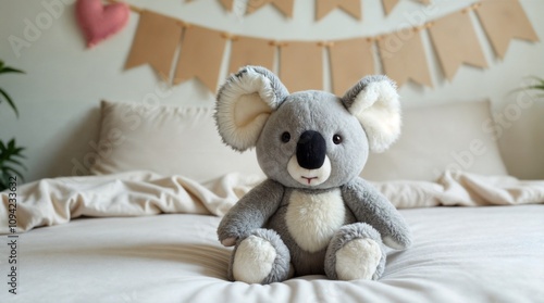 Plush Koala Toy on Cozy Bed in Festive Children's Room. Concept for birthday, baby shower, greeting card, poster, wallpaper.
