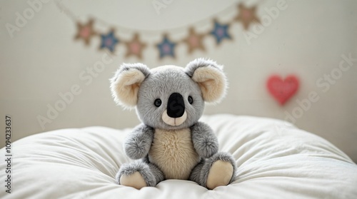 Plush Koala Toy on Bed in Colorful Kid's Room. Concept for celebration, baby shower, greeting card, poster, wallpaper.

