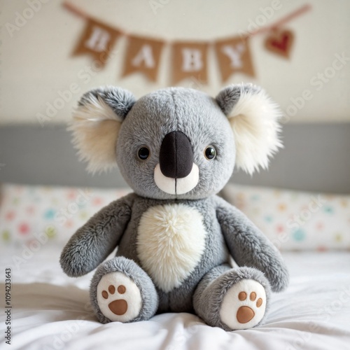 Soft Koala Toy on Bed in Colorful Nursery. Ideal for celebration, baby shower, home decor, invitation, greeting card.
