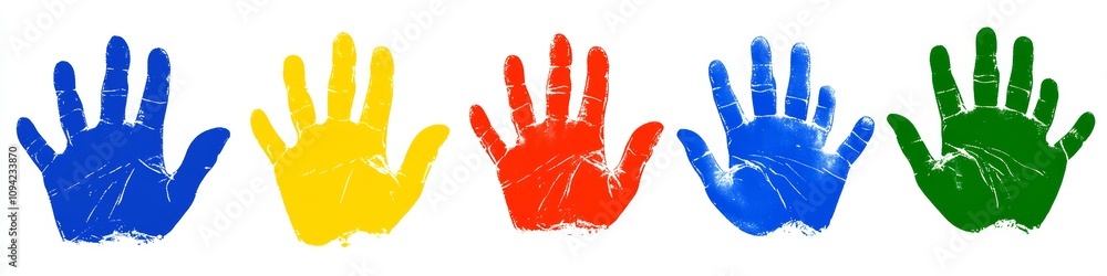 Bright Handprints in Red, Orange, Yellow, Green, Blue on White Background