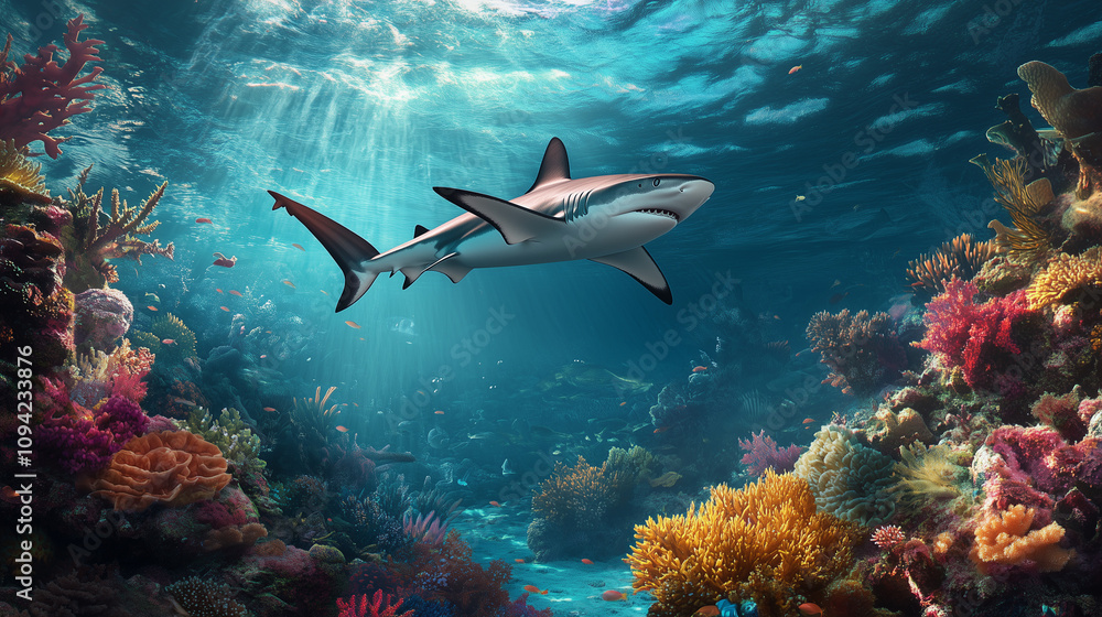 Fototapeta premium Black sea turtle against vivid coral reef