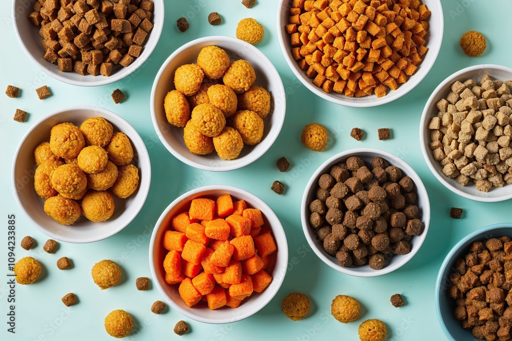 Variety of Crunchy and Nutritious Pet Food on Vibrant Background Variety of Crunchy and Nutritious Pet Food on Vibrant Background