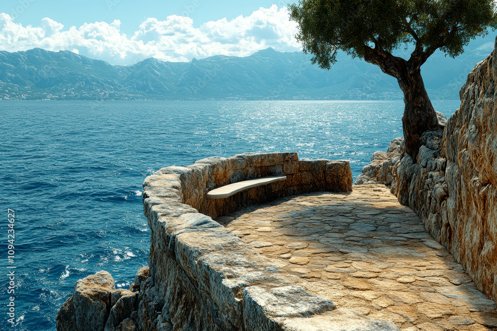 Fototapeta premium Tourist apartments in Greece on the seashore.AI generative.