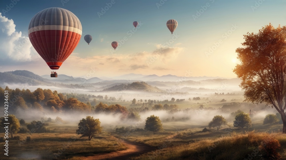 Naklejka premium Beautiful Misty landscape with hot air balloon flying in the sky