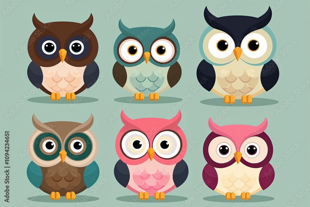 Fototapeta premium Charming Cute Owl Cartoon Series in Modern Flat Design - Whimsical Bird Collection