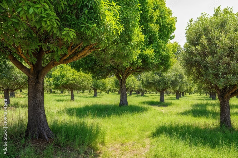 Lush Green Trees Surrounded by Vibrant Grass and Shrubs in a Scenic Grove Lush Green Trees Surrounded by Vibrant Grass and Shrubs in a Scenic Grove