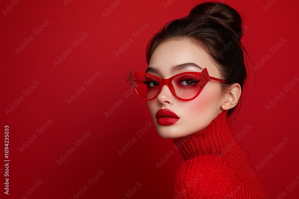 fashion model with sleek high ponytail wearing red Christmas tree shaped glasses and dressed as an elf poses on an isolated red background fashion model with sleek high ponytail wearing red Christmas tree shaped glasses and dressed as an elf poses on an isolated red background