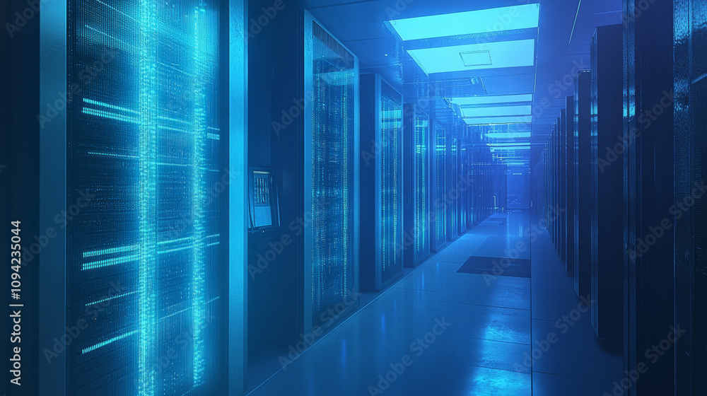 A futuristic, see-through image of glowing server racks. Blue lights highlight the design. It's a digital illustration for a website or banner. A futuristic, see-through image of glowing server racks. Blue lights highlight the design. It's a digital illustration for a website or banner.