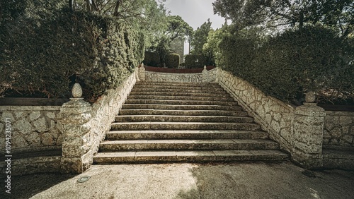 Stone staircase leading up through lush greenery in a serene garden setting in Erice, Sicily, Italy