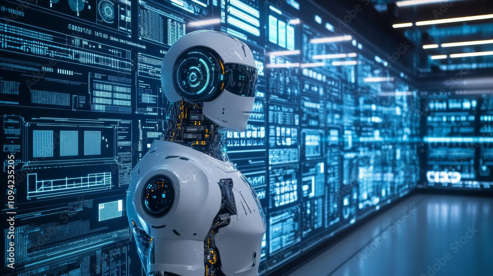 A futuristic robot is shown in a 3D image, surrounded by digital displays and data. This represents modern technology and AI. A futuristic robot is shown in a 3D image, surrounded by digital displays and data. This represents modern technology and AI.