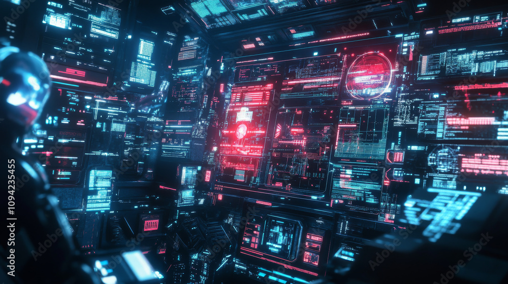 A futuristic robot is shown in a 3D image, surrounded by digital displays and data. This represents modern technology and AI. A futuristic robot is shown in a 3D image, surrounded by digital displays and data. This represents modern technology and AI.