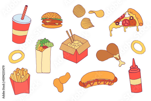 Doodle fast food collection. Junk meals set. Pizza, burger, soda, hot dog, french fries etc