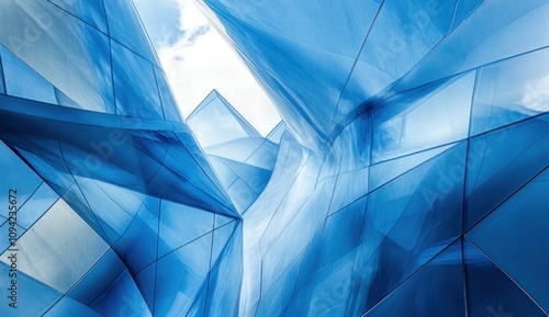 Abstract blue glass architecture, futuristic design, sharp angles, low angle view.