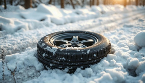 Winter car tire rolling through fresh snow on yellow background photo