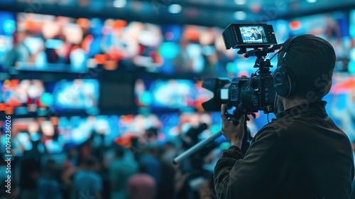 Focused journalist holding a microphone in a dynamic newsroom. Media education, photography, news reporting, media industry, information transmission, journalists, news release