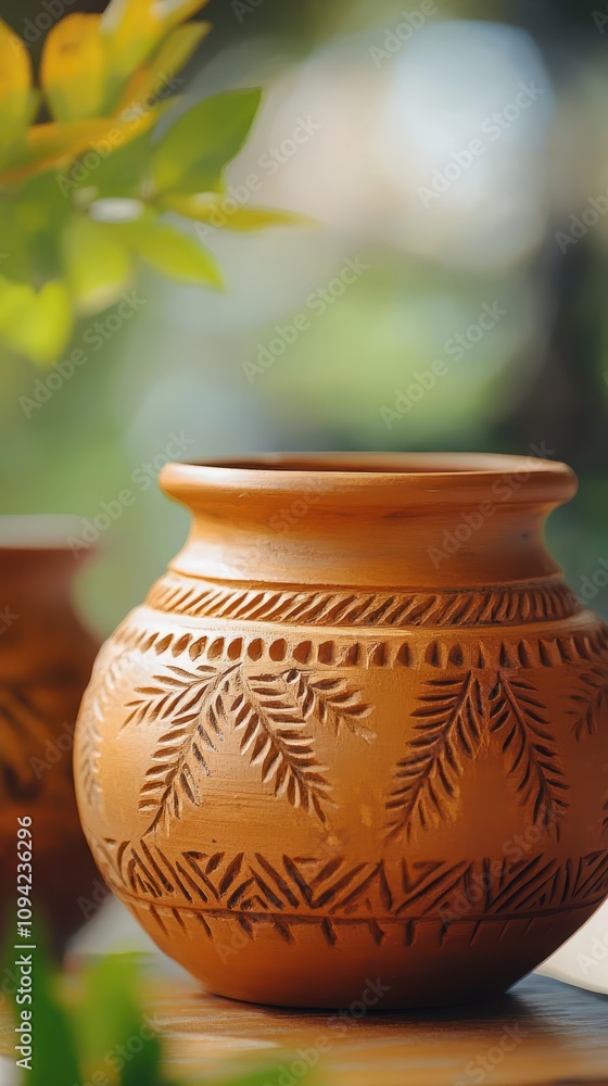 Detailed craftsmanship of a traditional clay pot highlights its artistic carvings and texture Detailed craftsmanship of a traditional clay pot highlights its artistic carvings and texture